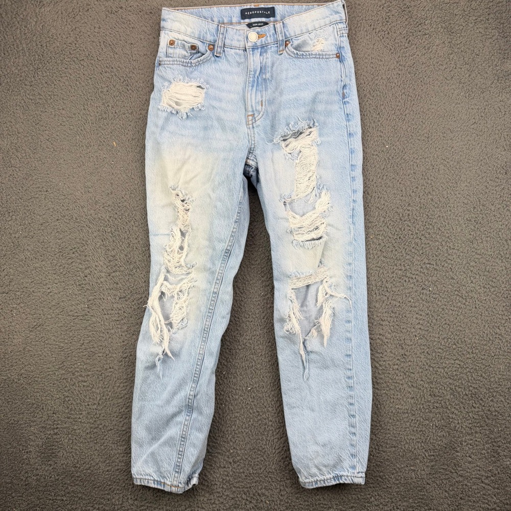Aeropostale Womens Mom Jean Light Wash‎ Distressed Ripped Denim Size 0 High Rise